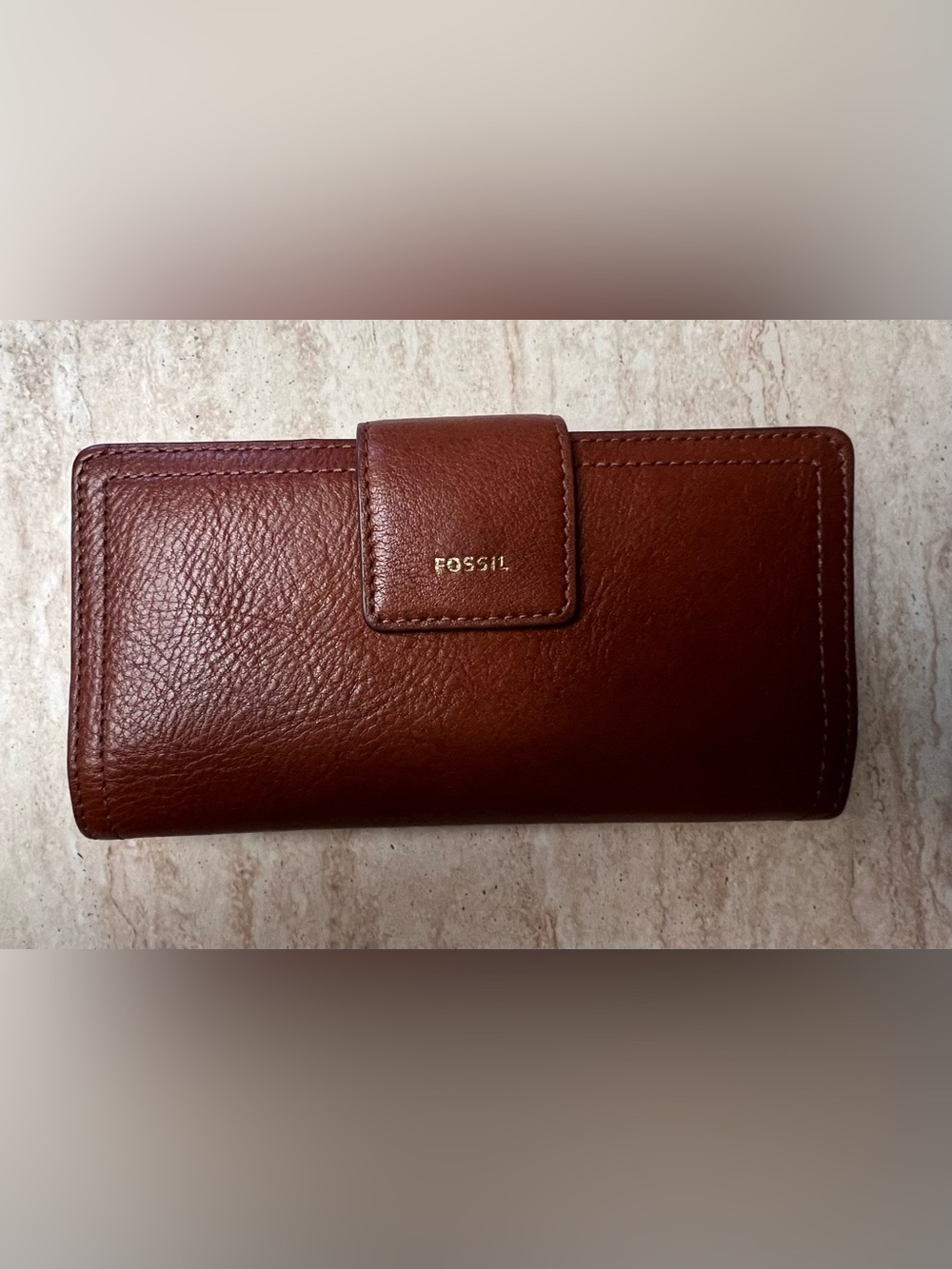 Fossil Leather Card Holder Wallet in Chestnut Brown with Gold Logo
